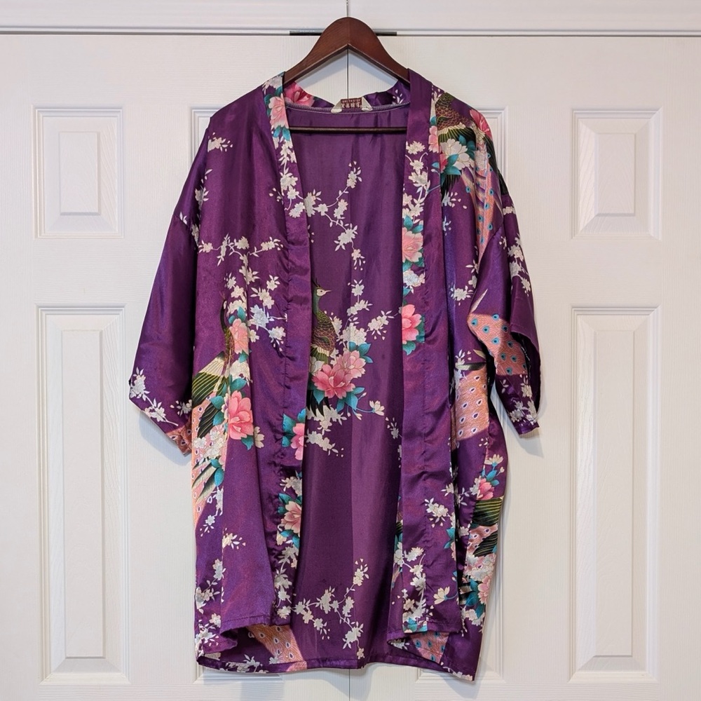 2XL Mei Yesida Silky Floral Peacock Kimono Robe Dressing Gown